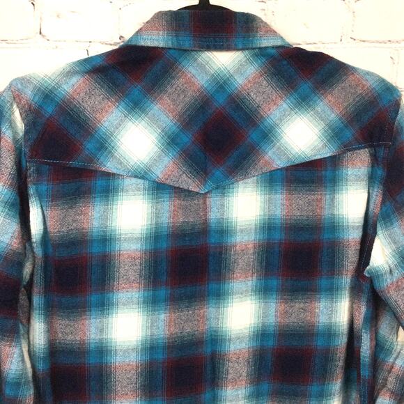 Roebuck and Co Western Pearl Snap Cowboy Rodeo Blue Plaid Flannel Shirt Men's S - Picture 7 of 13